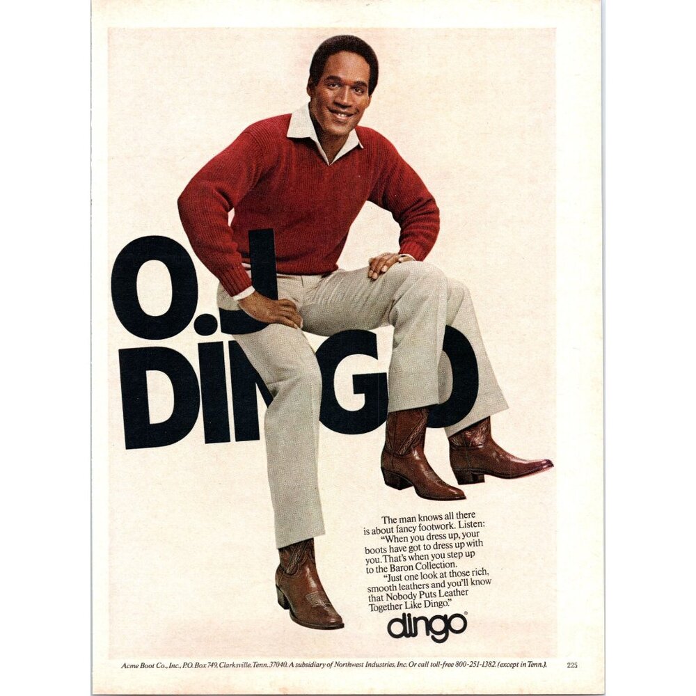 1981 Dingo Boots OJ Simpson 3 Leg Vintage Print Ad Western Cowboy Boot Wall Art